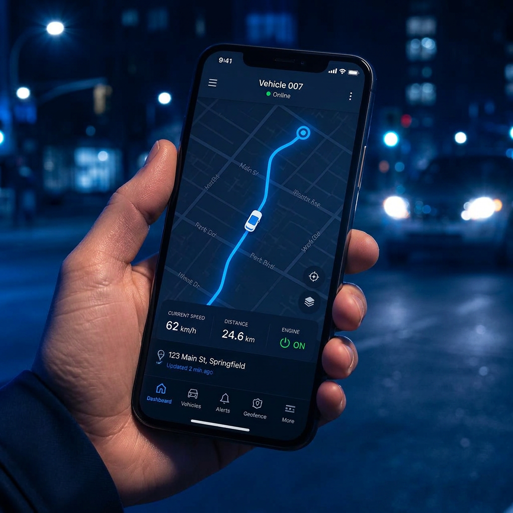 Aplicativo de rastreamento Rodan mostrando um veículo no mapa
